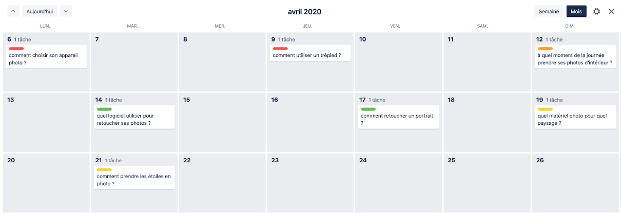 vue calendrier éditorial Trello
